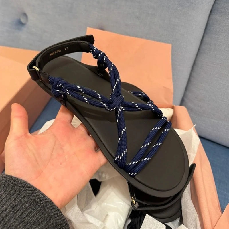 Damen Seil-Knoten Zehentrenner Sandalen - Weiche Sohle Komfort Sommer - Geflochtene Riemen Fashion Sandalen