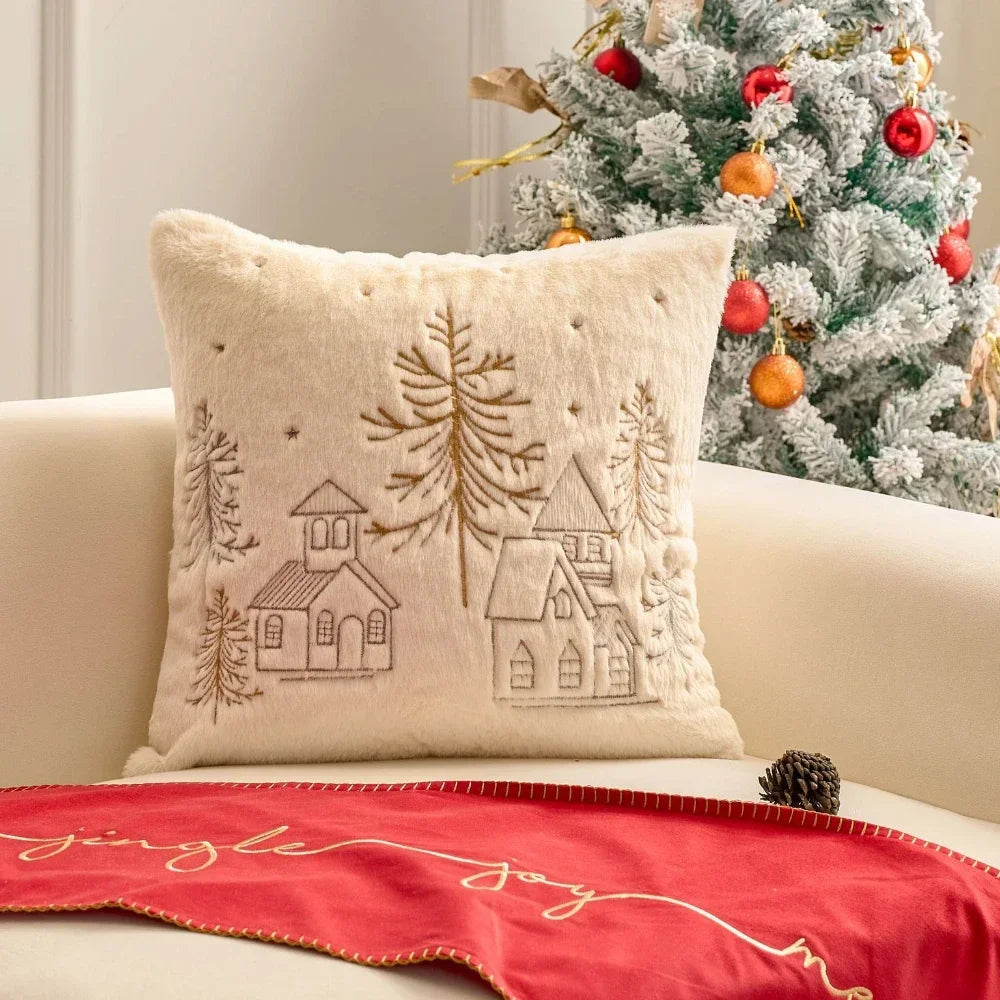 Simple Pillow Case Plush Christmas Embroidered Cushion Cover Soft Comfortable Festival Decorative New Year's Home Pillow Case