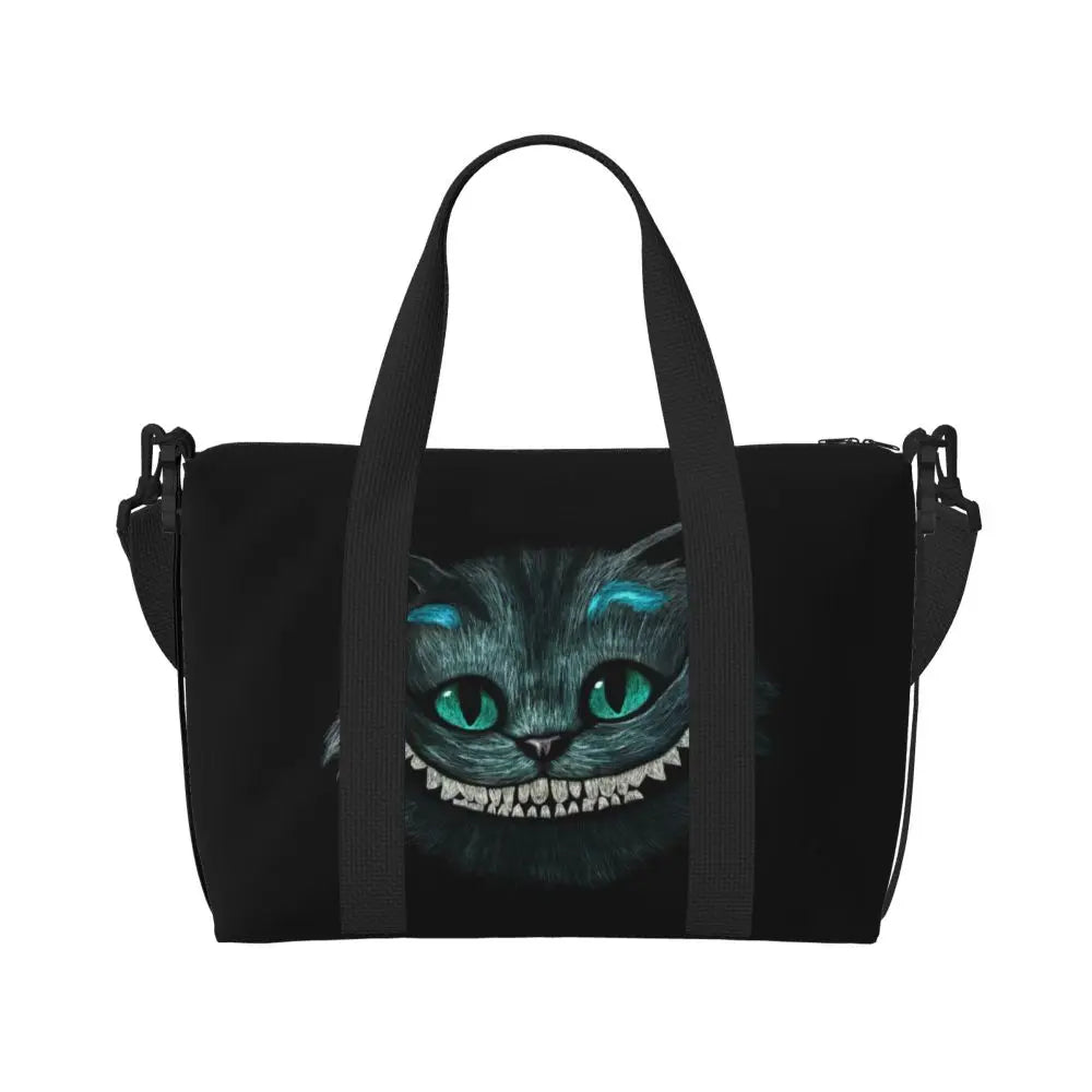 Custom Cheshire Cat Beach Tote Bag for Women We're All Mad Here Cat Big Compartment Gym Beach Travel Bags
