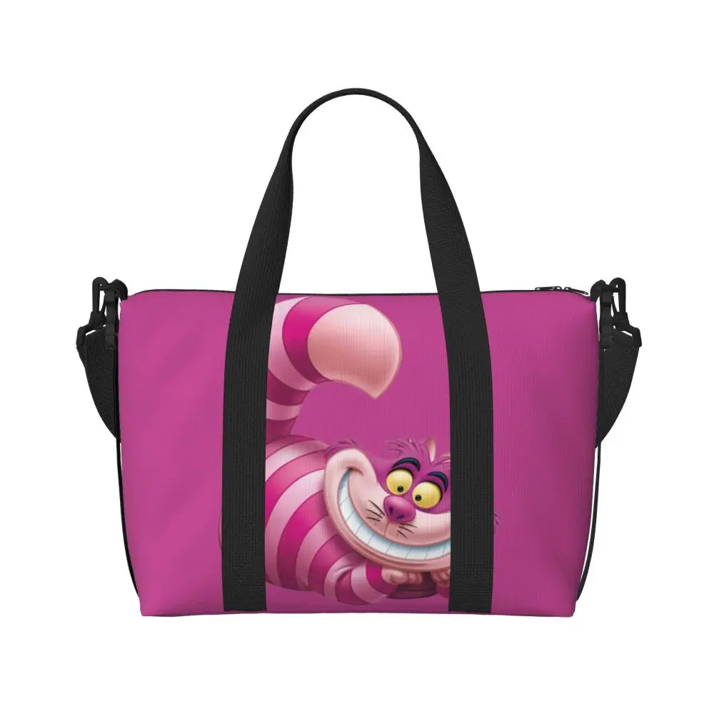 Custom Cheshire Cat Beach Tote Bag for Women We're All Mad Here Cat Big Compartment Gym Beach Travel Bags