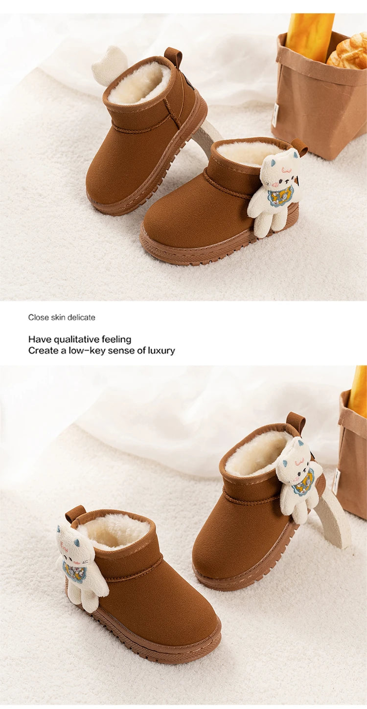 Kinder-Schneestiefel mit niedlichen Bären, Kinder-Stiefeletten, vielseitige Mode, 2025, Winter, neue warme Stiefel für Jungen und Mädchen, dickes Fell, rutschfest