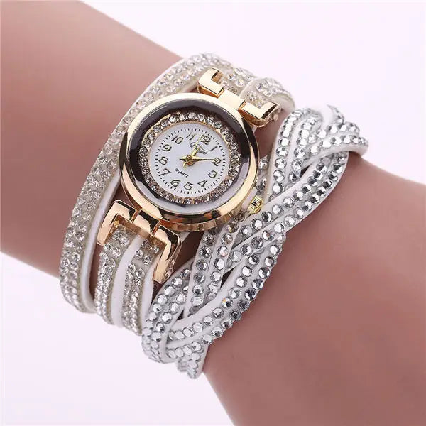 Damen-Uhr 2025: MOONBIFFY Fashion Casual Gold Quartz Women Rhinestone Watch - Braided Leather Bracelet Watch Gift Ladies Wristwatch Relogio Feminino Gift Collection