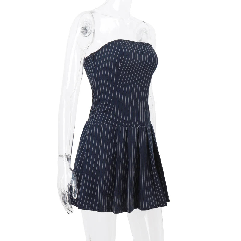 WhereMery Korean Women Fashion A-line Dress Y2K Sleeveless Slash-neck Pleated Stripe Dresses Spring Summer Elegant Slim Vestidos