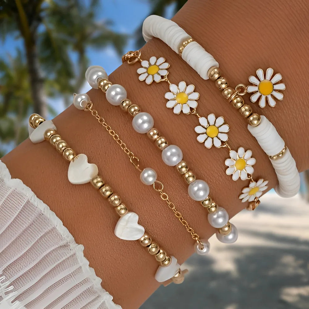 17KMCN Daisy Armband Set Boho - 4 Stück Perlen Emaille