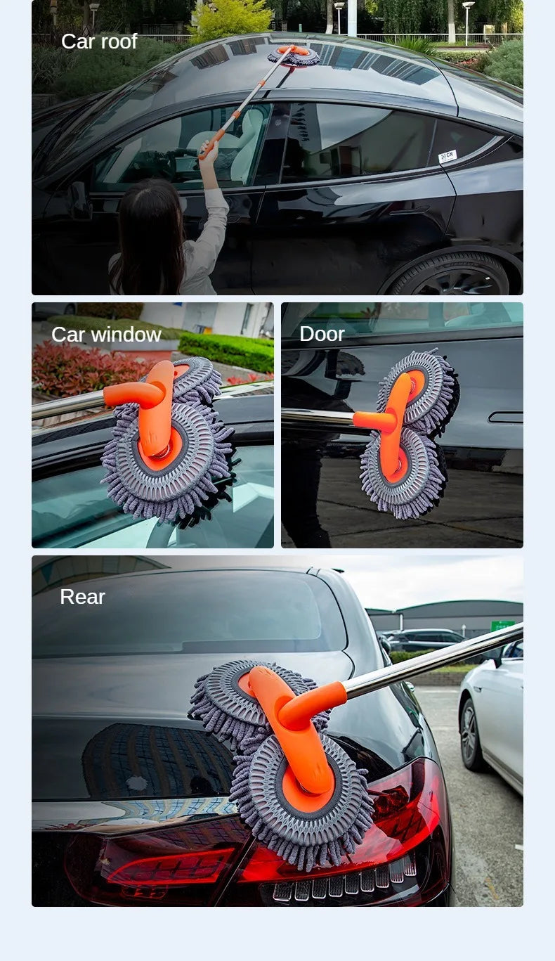 LEIBOO Car Washer Mop Foam Wash Chenille Brush Double Brush Head Roof Window Cleaning Maintenance Three-Section Telescopic Mop