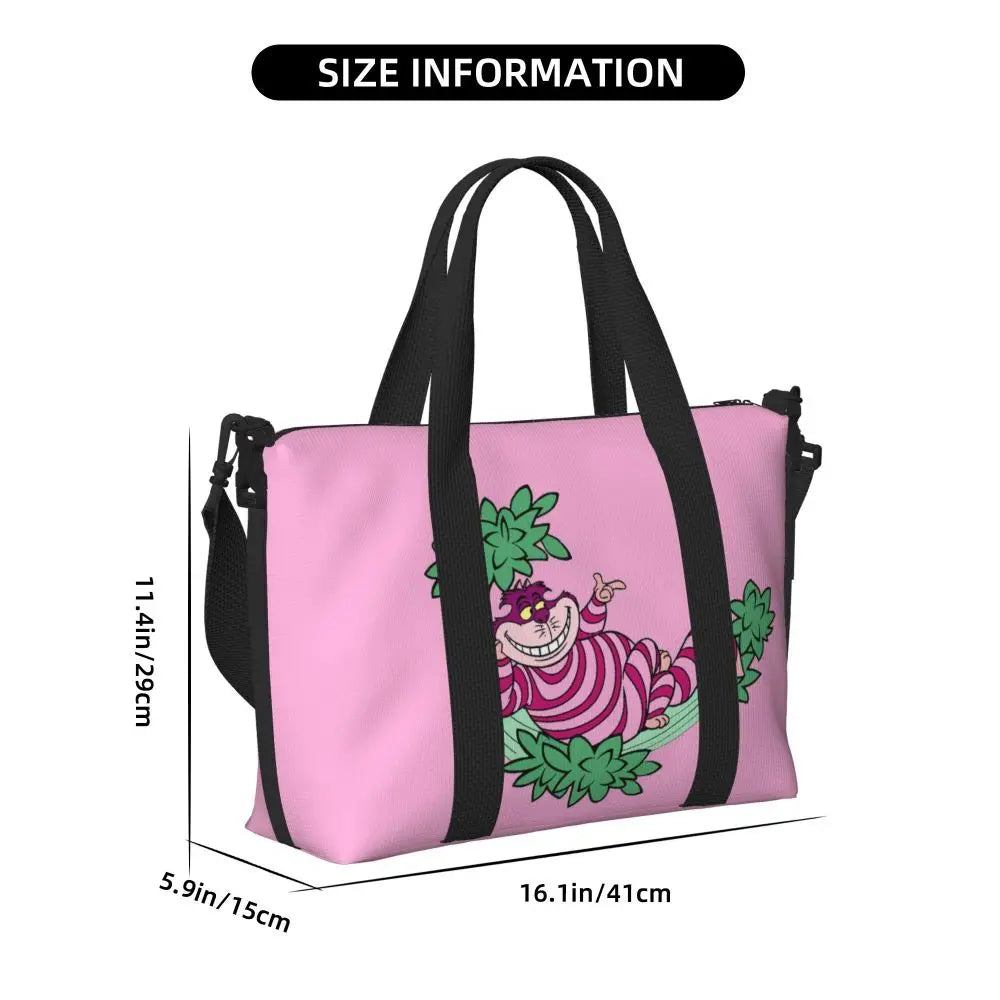 Custom Cheshire Cat Beach Tote Bag for Women We're All Mad Here Cat Big Compartment Gym Beach Travel Bags