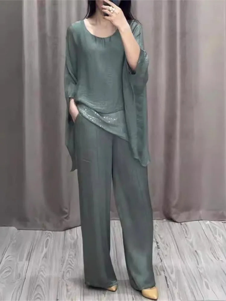 Elegant Women's Suit Casual  Batwing Sleeve Blouse Top With Wide Leg Pants Fashion 2 Piece Set Party Outfits 2024 New Autumn