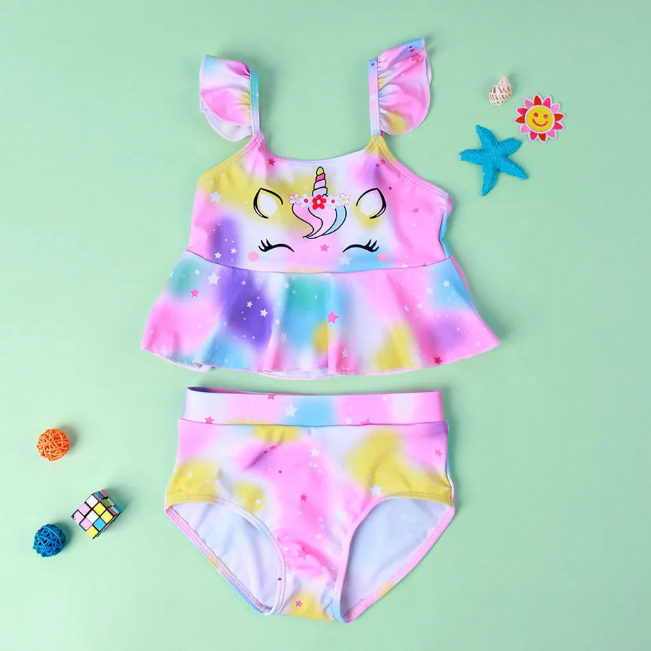 Mädchen-Badeanzug 2025: Einhorn Kinder Bademode Rüschen Strand Schwimmanzug - 2-teiliges Set Baby Geburtstag Badebekleidung 3-8 Jahre