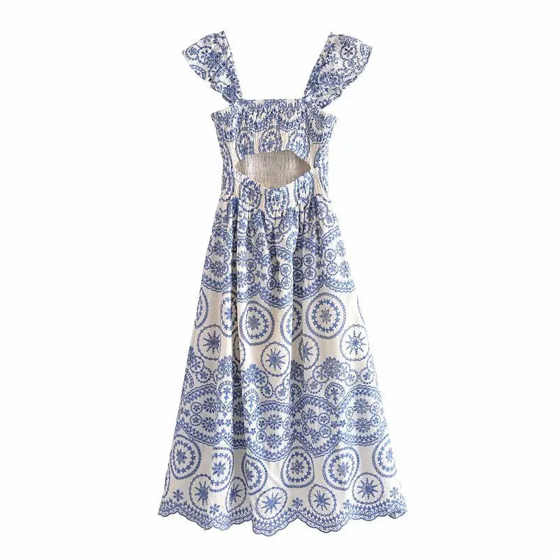 Blue Floral Embroidey Summer Beach Dress Women Casual Holiday Bohemian Dress Boho Sundress Maxi Long Vestidos Fashion Clothes