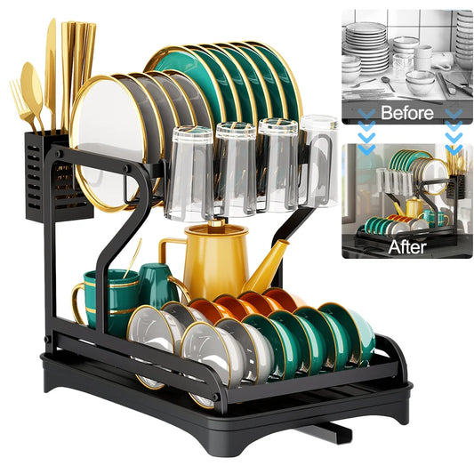 Dish Drainer Rack Multi-functional 2-Tier Dish Rack Kitchen Supplies Storage Rack Draining Rack Cup Chopstick Organizer