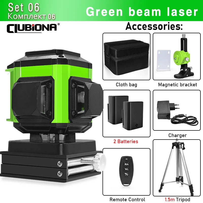 CLUBIONA 16/12 lines Self-leveling Remote Control Outdoor Mode - Receiver Auto 3x360 Green beam Line Laser Level