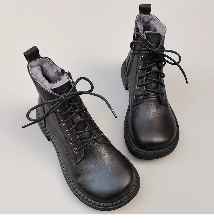 Ghete la gleznă Careaymade, piele naturală, variantă lată - mărime mare, înălțime toc 3-5 cm, căptușeală din lână