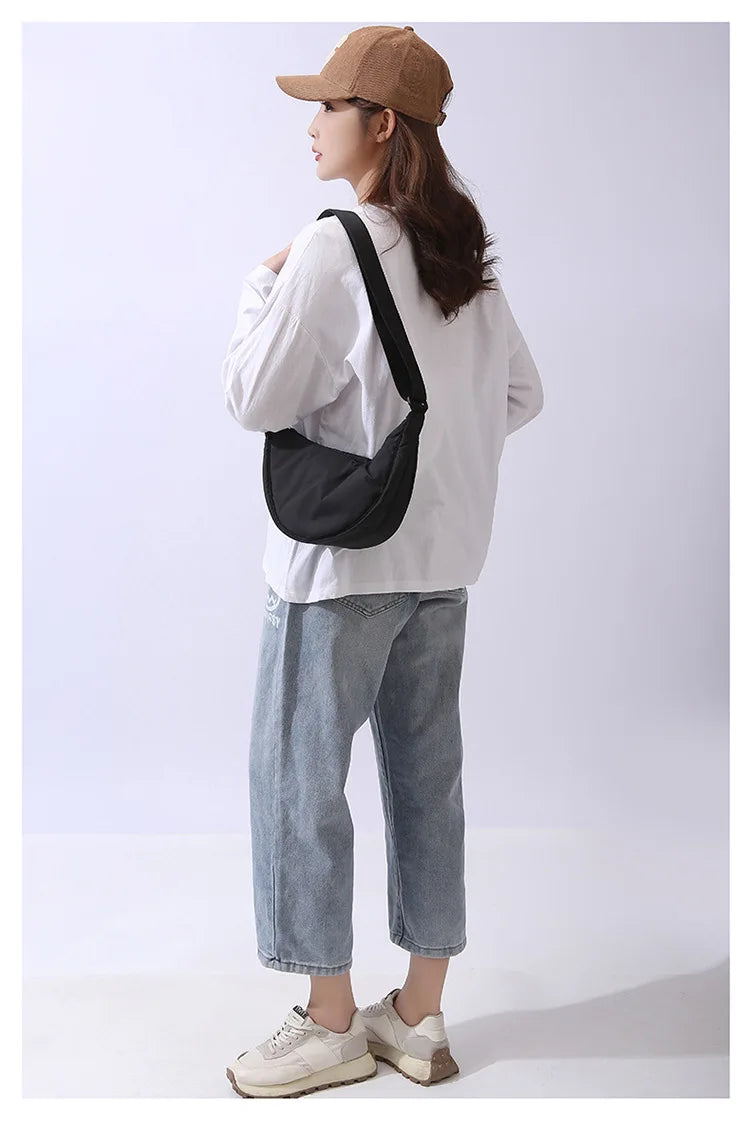 Solid Color Women's Portable Shoulder Bag Simple Female Nylon Cloth Padded Crossbody Bags Travel Purse Handbags Messenger Bag