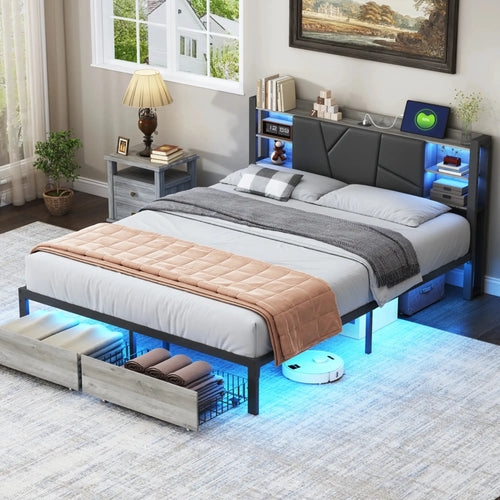 Gepolstertes Metallbett Doppelbett Mit LED Licht 2 Schubladen