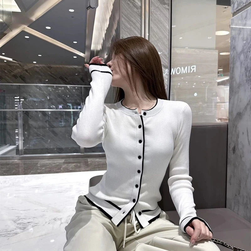 ZOKICN Patchwork Strickcardigan - Slim Langarm Weiß Größe M, Gewicht 120–220 g/m²