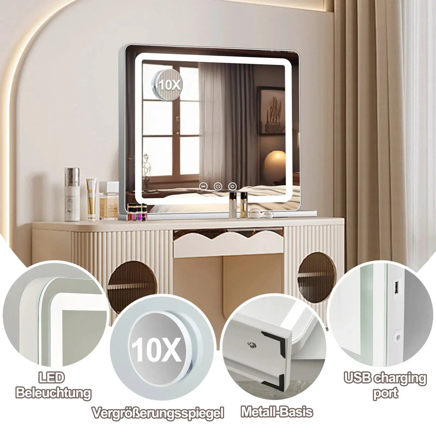 Schminkspiegel - Vierseitige LED Beleuchtung, Touchsteuerung, 80 cm