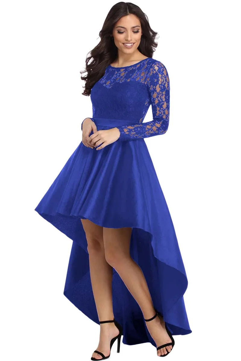 New Spring Elegant Dresses for Women Long Sleeve Lace High Low Satin Prom Evening Dress Cocktail Party Gowns Vestido Feminino