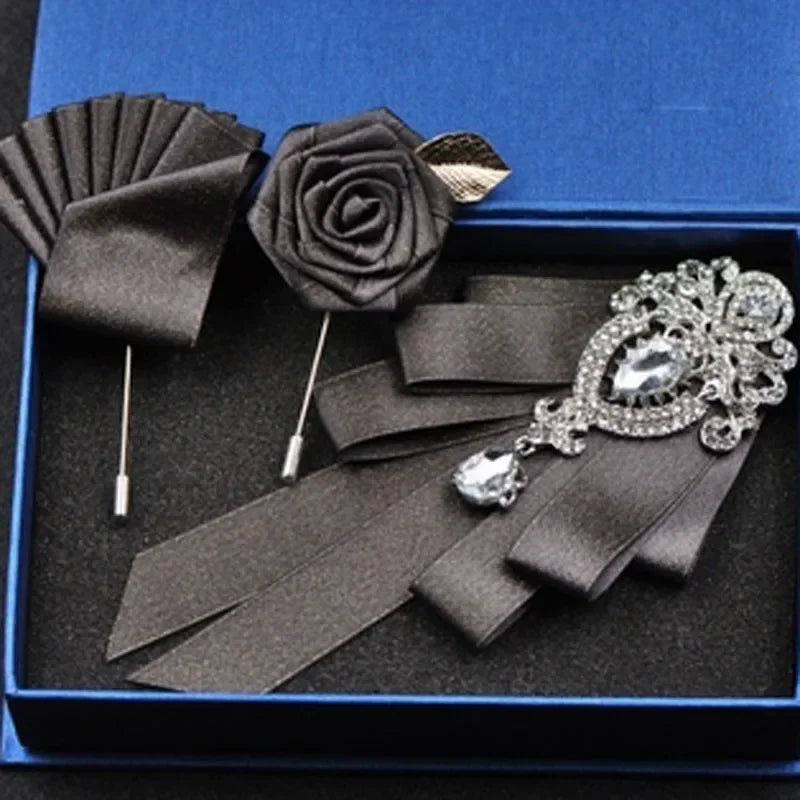 Fashion Handmade Bow Tie Wedding Collar Luxury Rhinestone Bowtie Necktie Brooch Pocket Towel Square Set Gift for Men Accessories