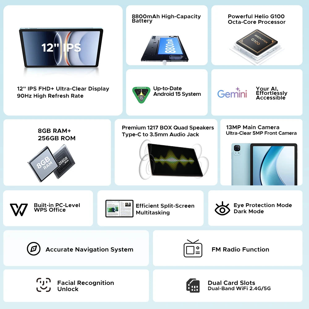 DOOGEE Tab E3 Gemini AI - 12 Zoll Display, 8800mAh Akku, Helio G100