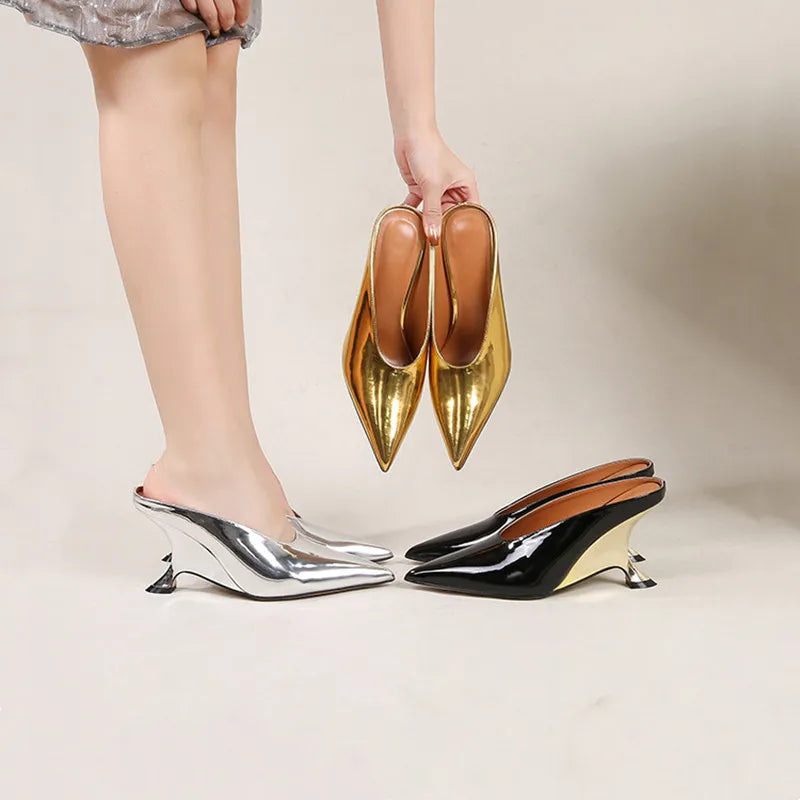 Elegant Pointed Toe Women Slippers Shoes Designer Shallow Fashion Spring Autumn Wedges High Heels Banquet Mule Zapatos De Mujer