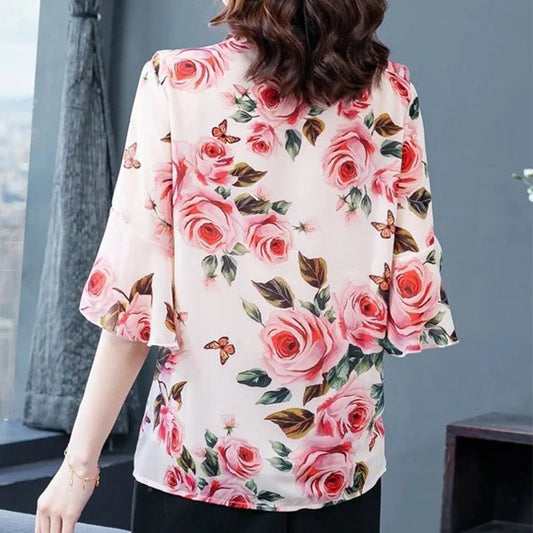 Elegant Fashion Floral Printed Bow Drawstring Chiffon Shirt Summer 2023 V-Neck Three Quarter Sleeve Slim Blouse Women's Clothing