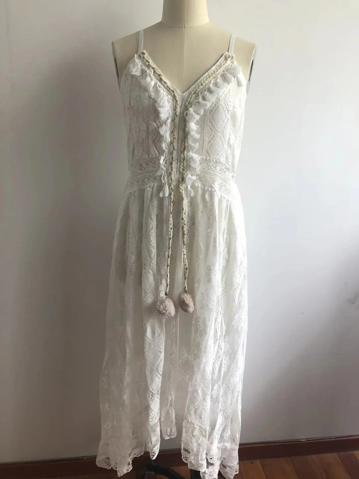 Boho style girl dress white cotton lace sleeveless long summer