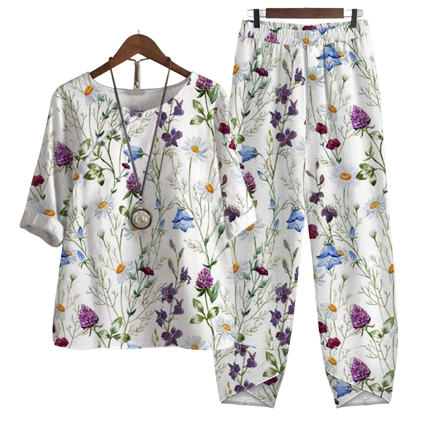 Elegant  Women Outfit Breathable Flower Pattern Blouse Trousers Half Sleeves Soft Blouse Pants Spring Clothes