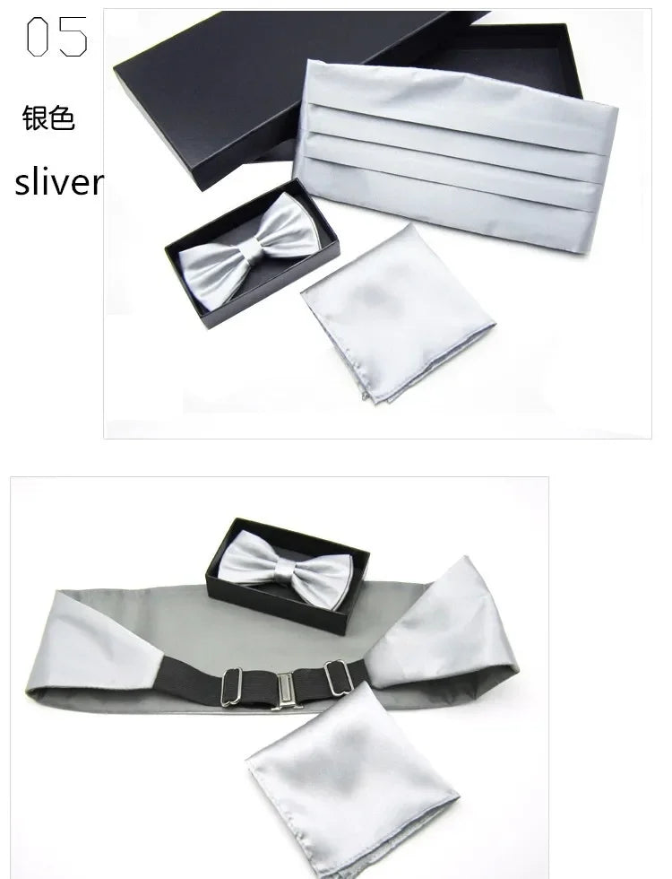 Mens Wedding Tuxedo Bow tie Set Cummerbund Hanky Pocket Towel Black Red White Silver Solid Bowtie Cravat