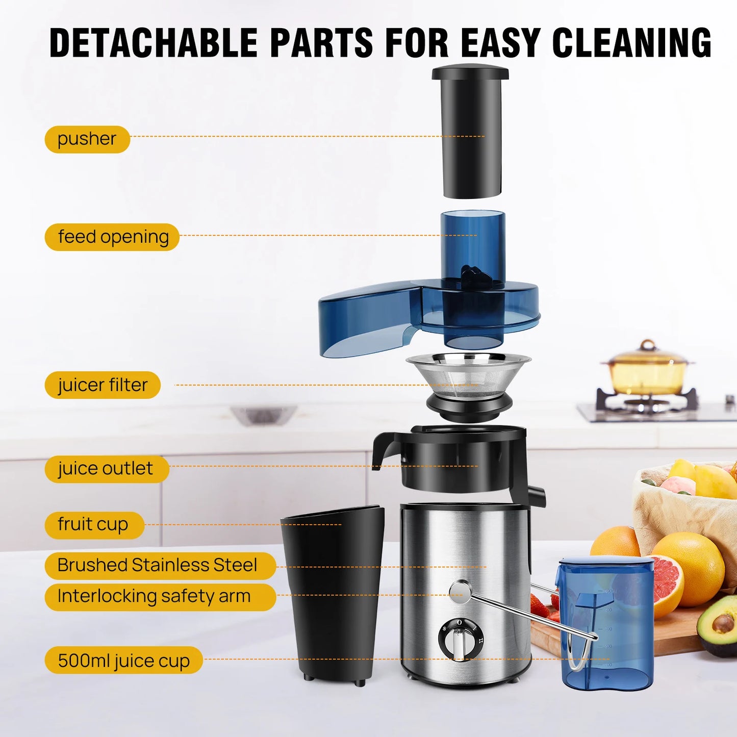 900W Zentrifugal-Saftor - Für ganze Früchte und Gemüse, 65mm breite Öffnung, 2 Geschwindigkeiten, 500ml Kapazität