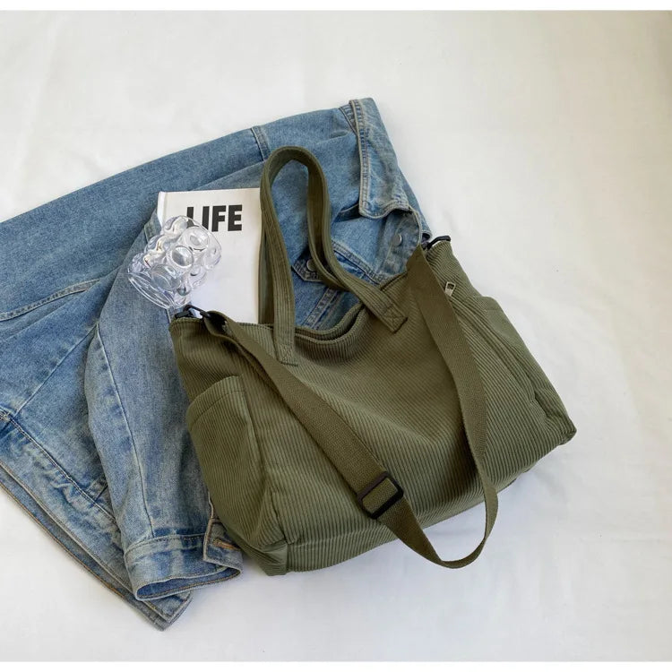 Fashion Versatile Shoulder Bag College Wind Commuting Corduroy Square BagUnisex Large Capacity Leisure Portable Crossbody Bag