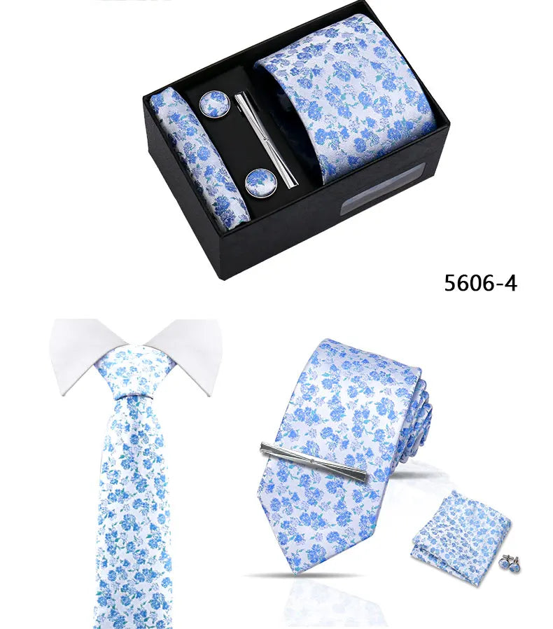 Elegant Men's Suit Necktie Gift Box Set Floral Tie Handchief Cufflinks Tie Clip 4-Piece Business Wedding Party Suit Accessories