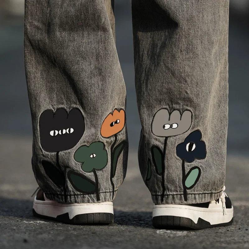 Flower baggy jeans streetwear casual denim wide-leg straight trousers
