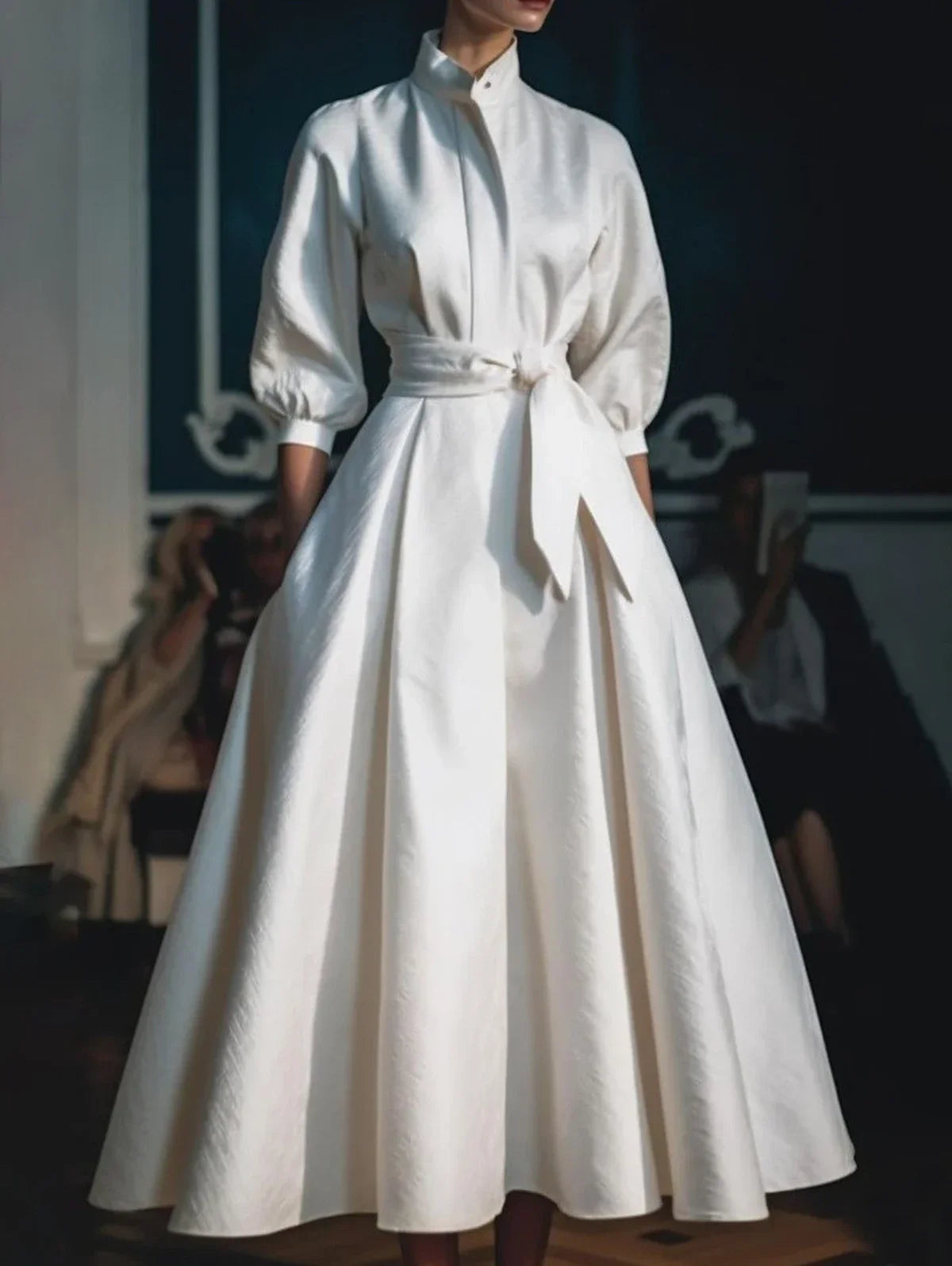 Elegant Women Shirt Dress Long Sleeve Stand Collar Minimalist A-Line Pleated Wedding Guest Long Maxi Dresses with Blet