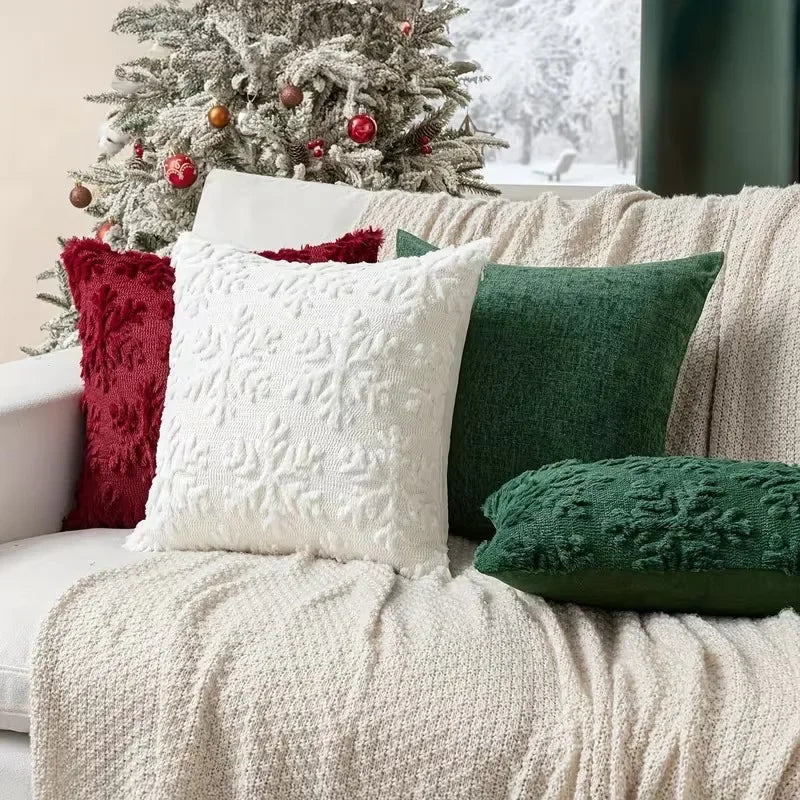 17.72x17.72 Inch Christmas Pillow Cover 3D Embroidered PlushCushion Case Zipper Snowflake SnowmanTree Pattern for Sofa Bed Decor
