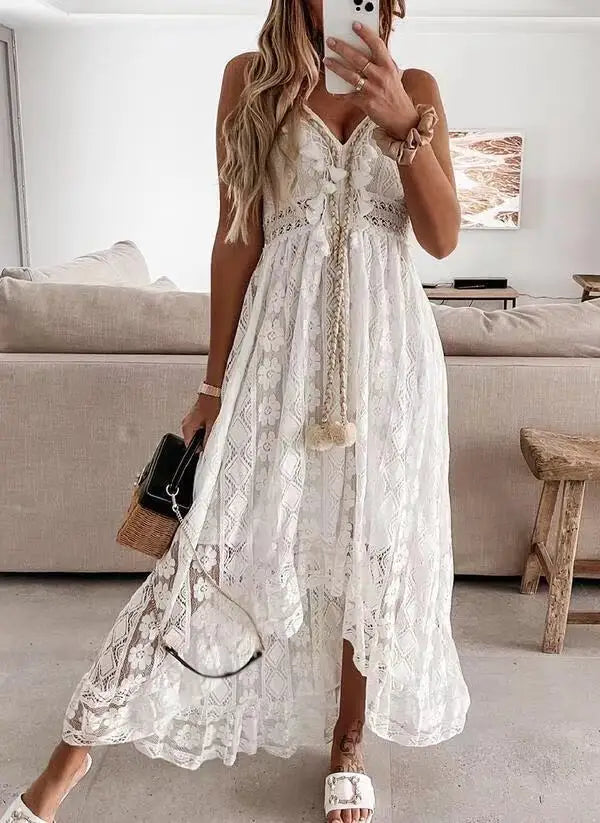 Boho style girl dress white cotton lace sleeveless long summer