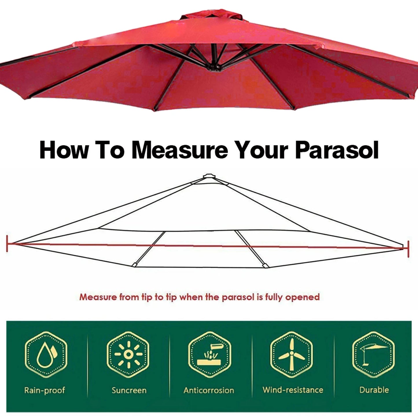 Waterproof Sun Shade Canopy Cover for 6 or 8 Bones Parasol Replacement Fabric Garden Shelter