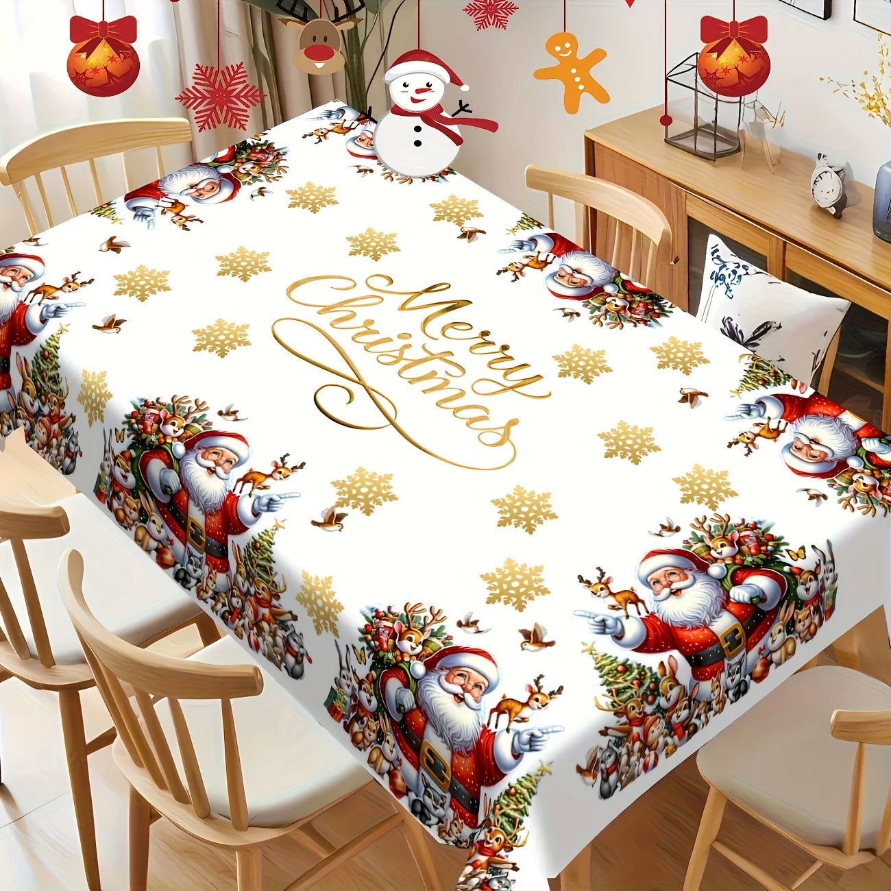 Merry Christmas Themed Santa Claus Snowflakes Tablecloth for Table Decor Winter Xmas Reindeer Table Cloth Christmas Decorations
