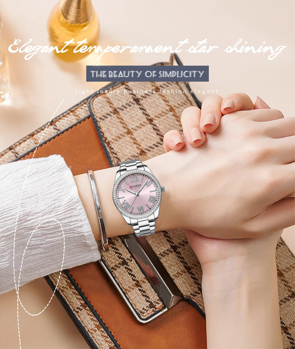 CURREN Luxus Uhr Damen Ring Halskette Ohrringe - Strass Mode Armbanduhr Weiblich Casual Damen Uhren Armband 5-teiliges Set