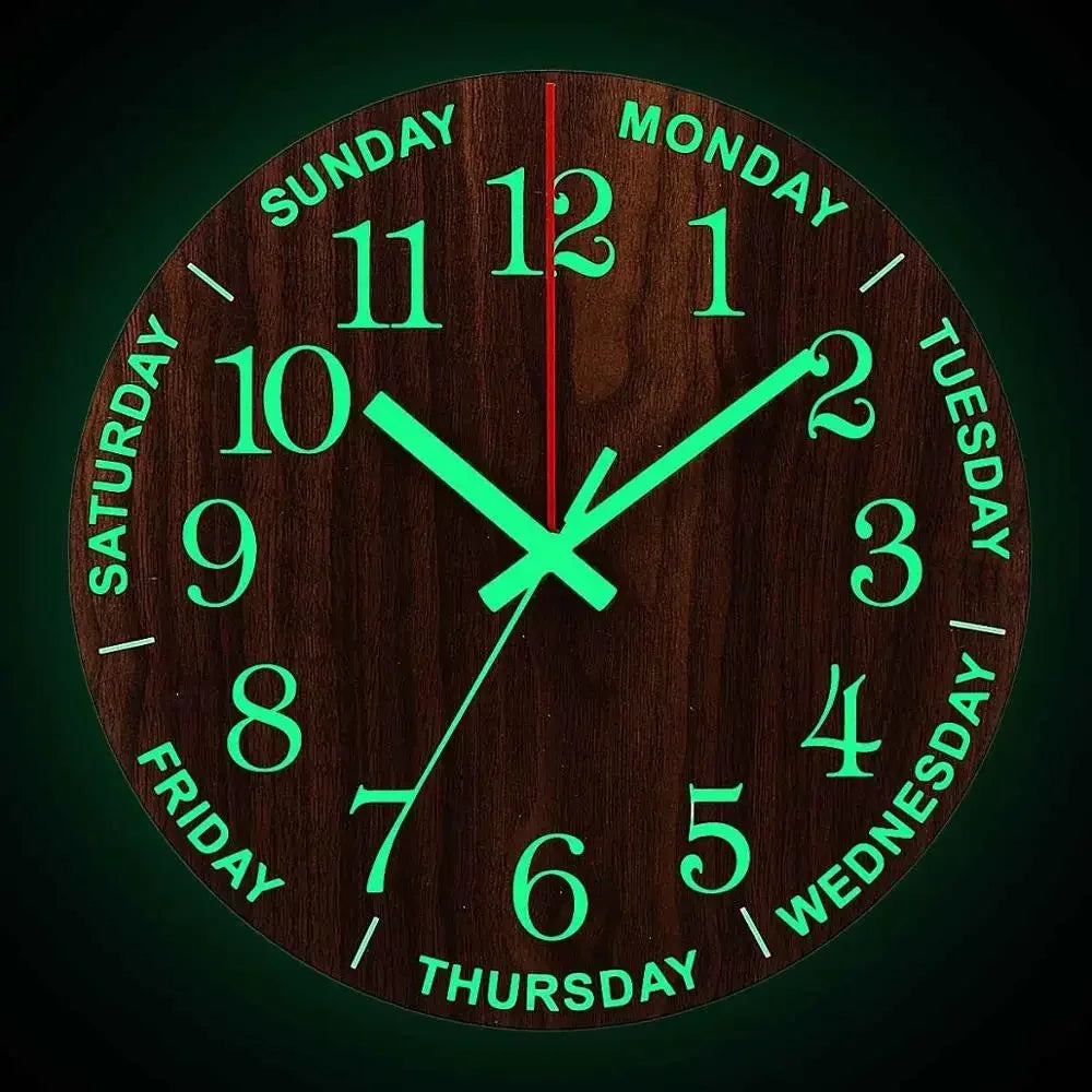 Nordic 12 Inch Luminous Wall Clock Wood Silent Light in Dark Night Fashion Wall Clock Non Ticking Clock with Night Light