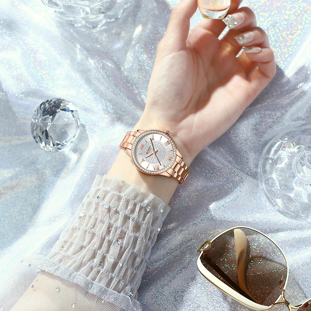 CURREN Luxus Uhr Damen Ring Halskette Ohrringe - Strass Mode Armbanduhr Weiblich Casual Damen Uhren Armband 5-teiliges Set