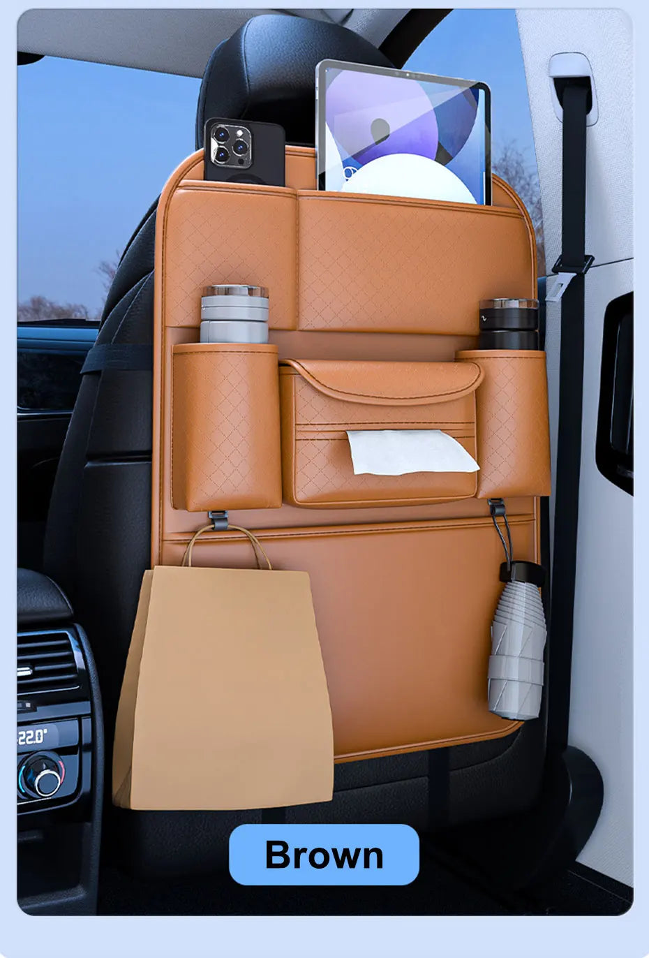 SEAMETAL Auto Sitzrücken Aufbewahrungstasche Multi-funktional Auto Getränk Handy Halter Tissue Tasche PU Leder Auto Organizer Tasche Zubehör
