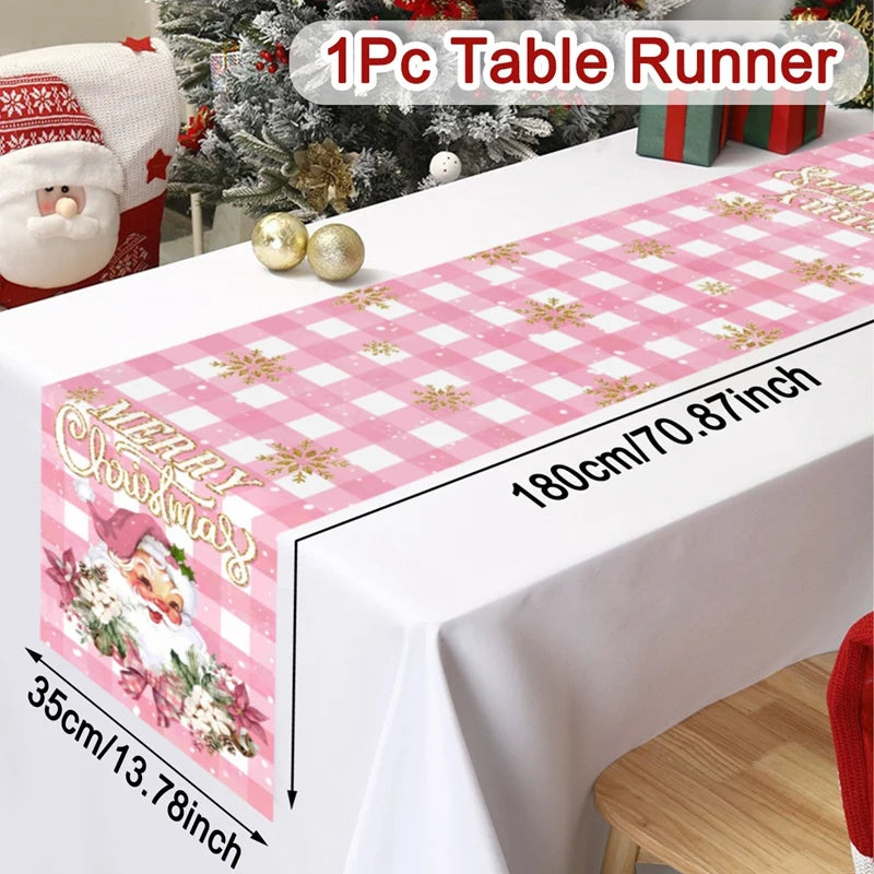 Pink Christmas Table Runner Snowman Santa Claus Merry Christmas Decorations For Home 2025 Navidad Noel Gift New year Tablecloth