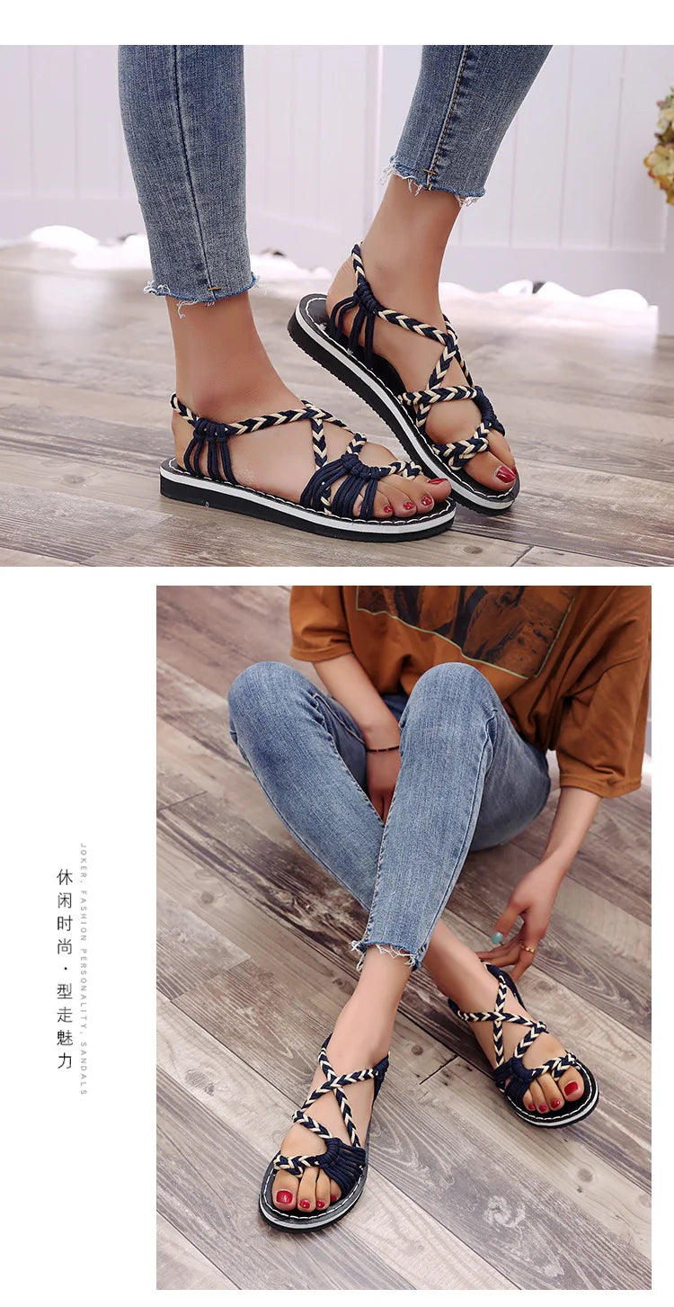 Women Summer Flip Flop Sandals Shoes Mixed Color Matching Rope Knot Beach Toe Roman Sandals Casual Comfortable Plus Size Shoes