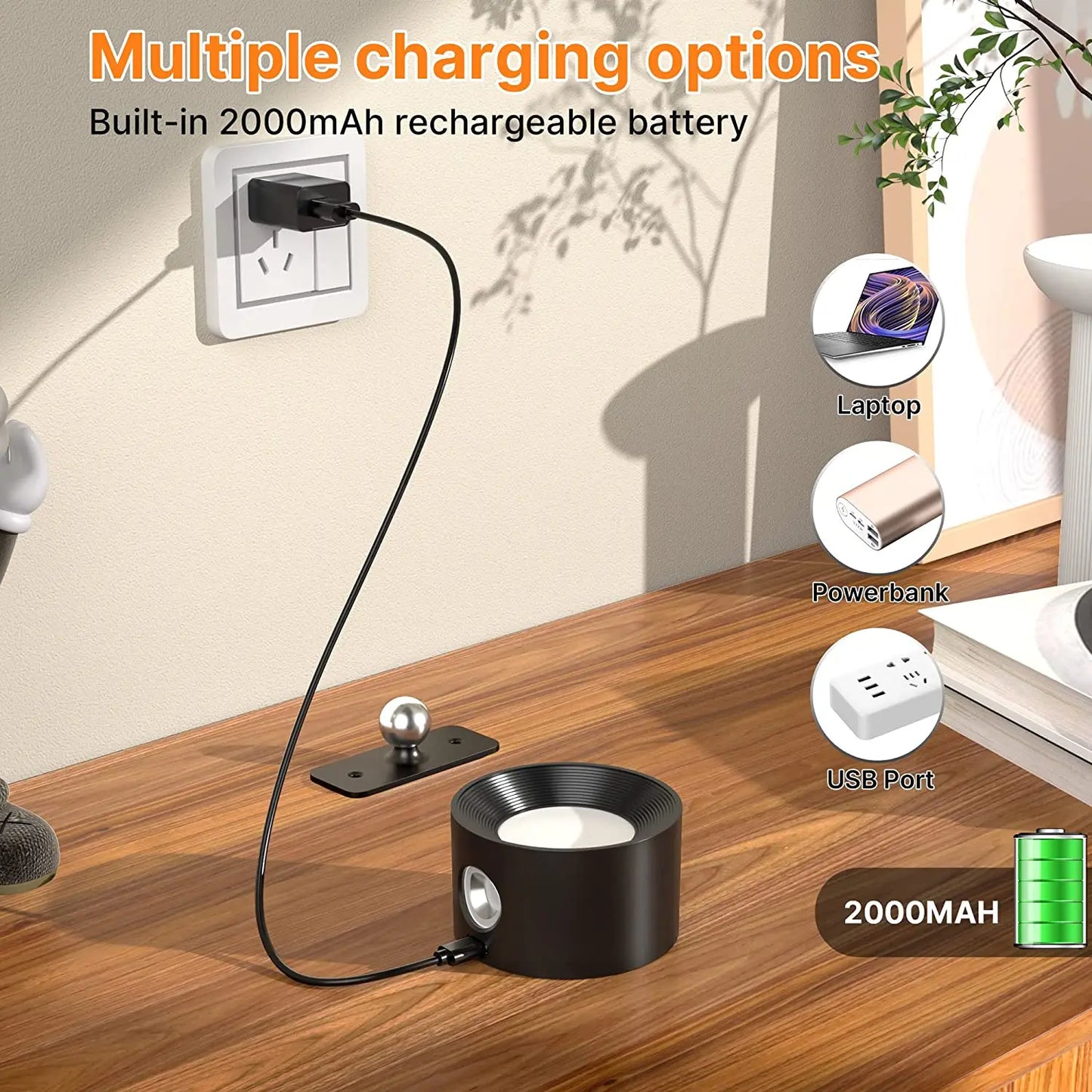 2PC Wandlicht Batteriebetriebene Lichter Rechargeable Wandarmaturen 360 Grad Frei Drehbarer Magnetball 3 Helligkeitsstufen