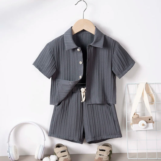 Summer Boys Casual Clothing Set Lapel Short Sleeve Shirt + Elastic Waist Shorts 2 Pcs Set Boys' Fashion Suit