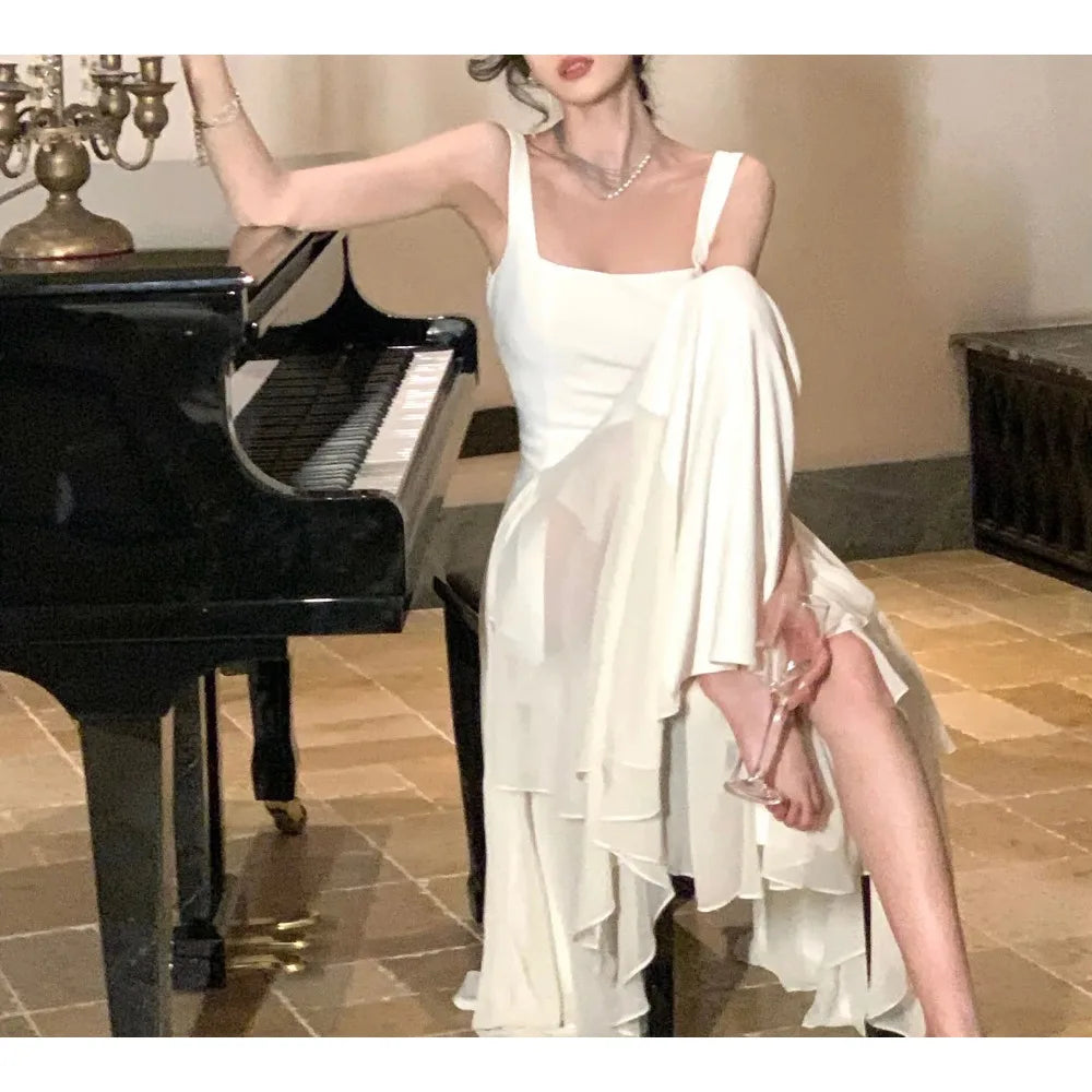 Elegant Dresses for Women Ruffles Sundress Evening Party Dress Sleeveless Square Collar A Line New Prom Robe Korean Vestidos