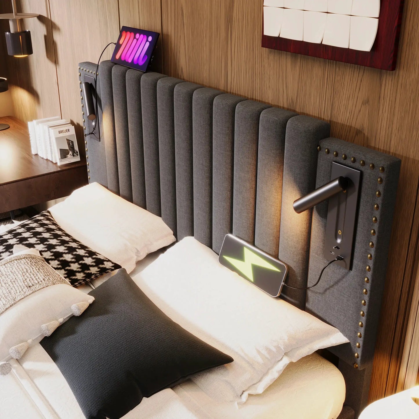 Polsterbett Doppelbett Mit Leselicht Und USB Ladefunktion