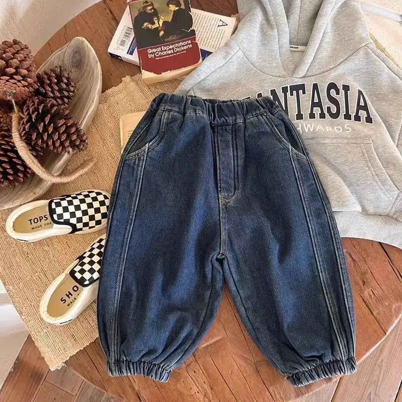 Jeans For 1-8Y Boys Autumn Winter Solid Spliced Cotton Kids Boys Trousers Fashion Velvet Thicken Children Boys Warm Jogger Pants