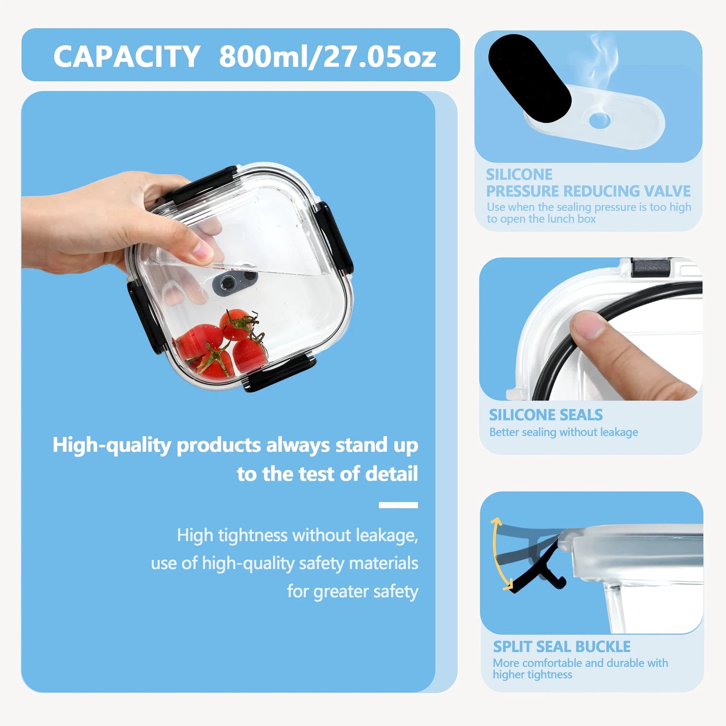 800ml Quadratische Glas-Lunchbox, Mikrowellen- & Ofenfest, Auslaufsichere Luftdichte Bento-Box Aufbewahrungsbehälter, Tragbar für Unterwegs