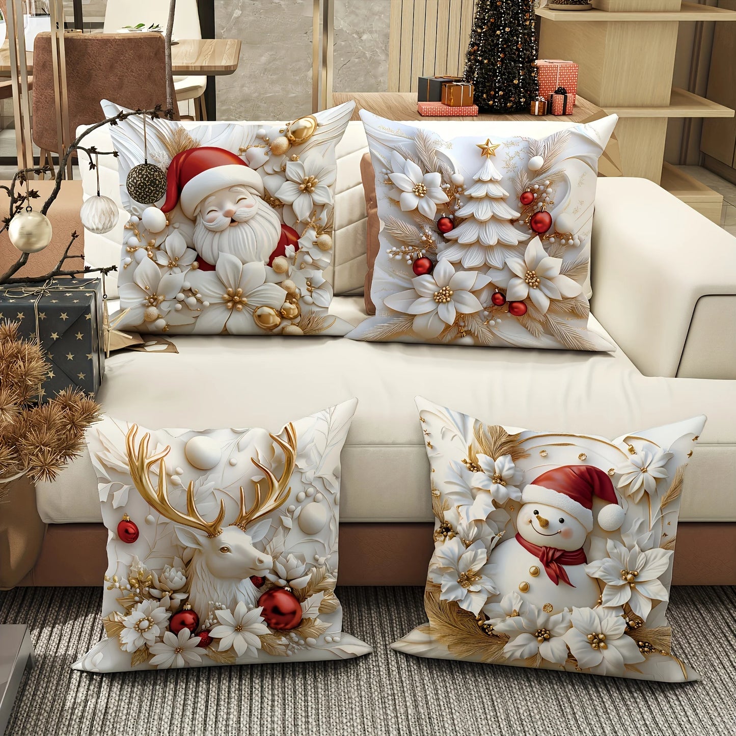 4PCS Set of Holiday Velvet Christmas Pillow Covers with Santa Claus, Snowman, Reindeer, and Poinsettia - Without Lining